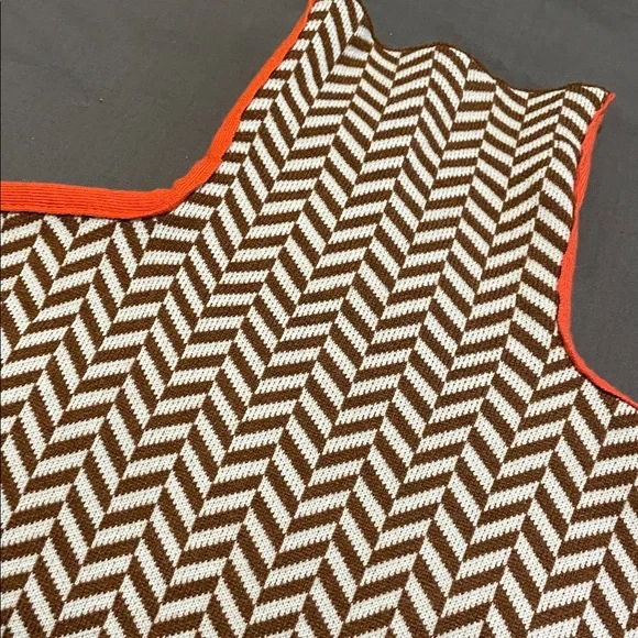 Women’s Pullover Sweater Size S Brown White Orange HighNeck Classic Herringbone - Picture 9 of 11